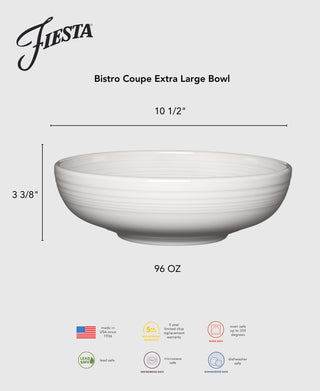 The Fiesta Lavender Bistro Coupe 10 1/2 Inch Extra Large Bowl holds 96 oz, measures 10.5" wide by 3.375" tall, is lead-safe china made in the USA, microwave, oven, and dishwasher safe, and comes with a 5-year warranty.