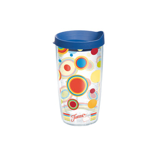 Fiesta® Dots Poppy 16 oz Tumbler with Blue Lid, Tervis Tumbler - Fiesta Factory Direct by Homer Laughlin China.  Dinnerware proudly made in the USA.  