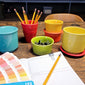 a desk scape featuring fiesta stackable mugs and ramekins with coasters on top and underneath